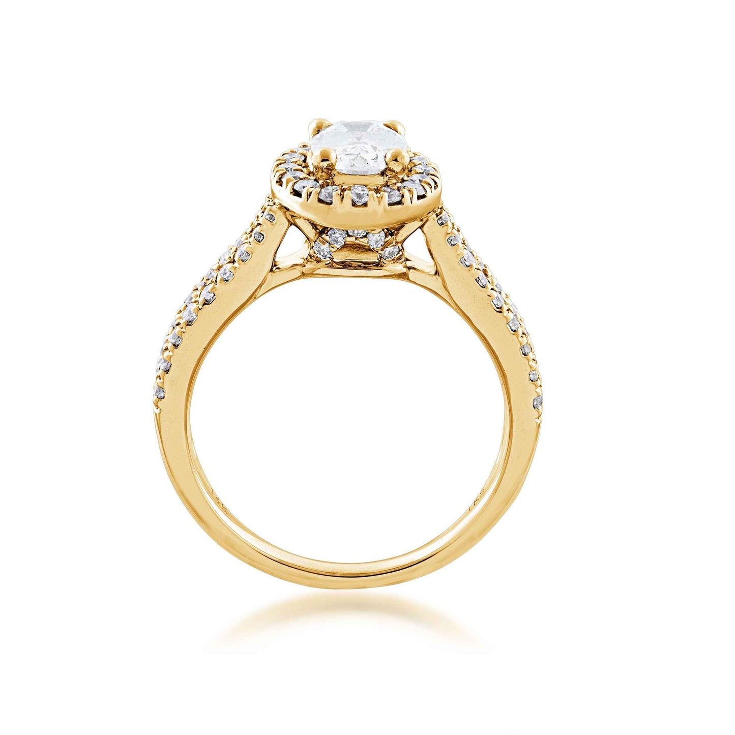 Noventa 1-1/2 ct. tw. Oval Diamond Halo Wedding Set with Cut-Out Band in 14K Yellow Gold side profile
