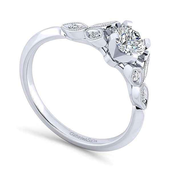 Gabriel & Co. .08 ct. Diamond Semi-Mount Vintage Engagement Ring with Milgrain Detailing in 14K White Gold front view