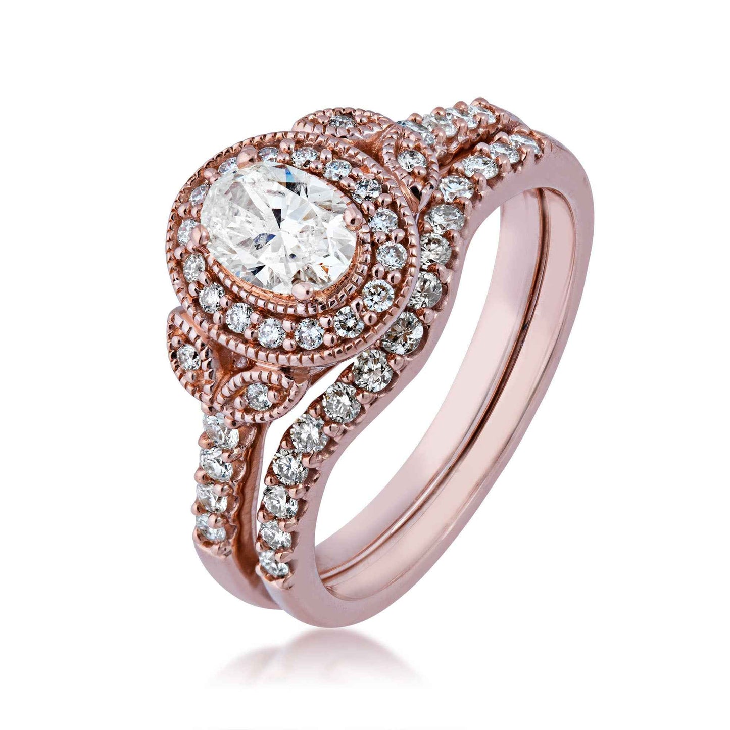Amaura Collection 1 ct. tw Oval Diamond Halo Wedding Set with Floral Milgrain Inspired Band in 14K Pink Gold front view