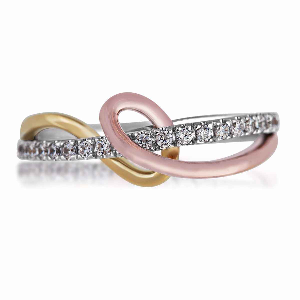 1/5 ct. tw. Round Diamond Swirl Crossover Ring in 10K Tri-Tone Gold front view