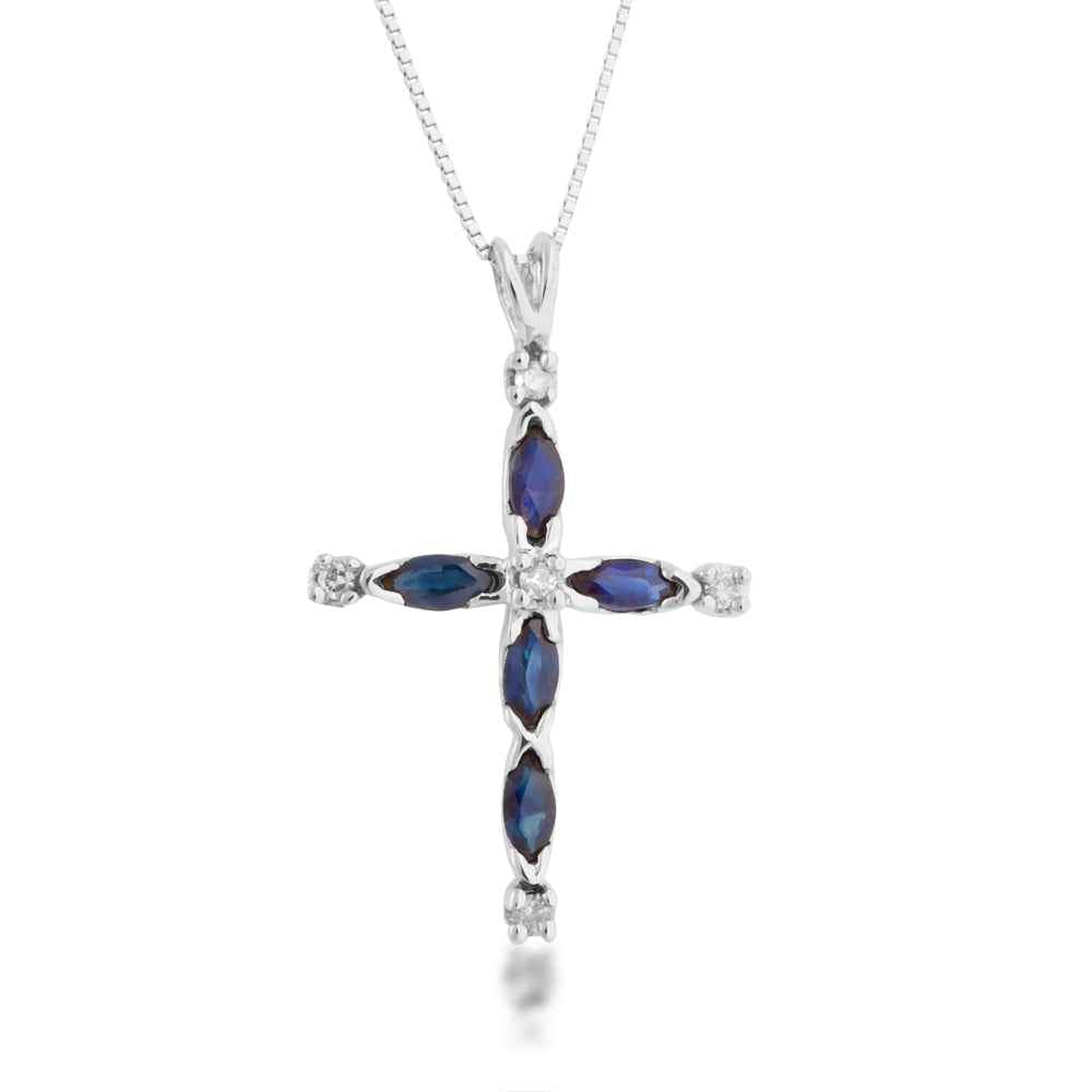 Genuine Marquise Sapphire & .05 ct. tw. Round Diamond Cross Pendant in 10K White Gold