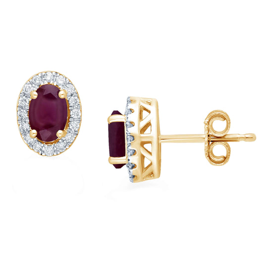 Kallati Oval Ruby & 1/5 ct. tw. Diamond Halo Earrings in 14K Yellow Gold