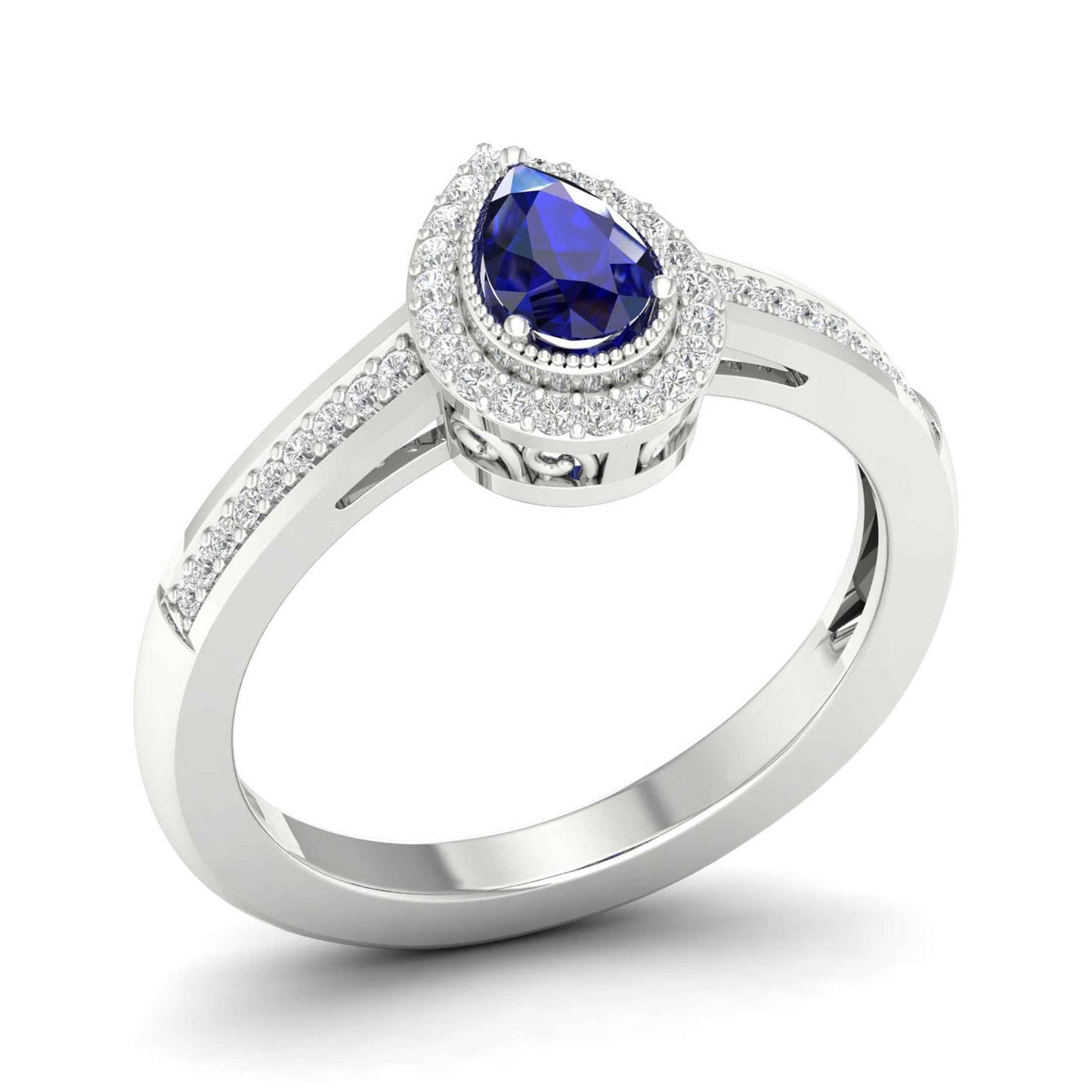 Blue Pear-Shaped Sapphire and 1/8 ct. tw. Diamond Halo Ring with Milgrain and Filigree Design in 10K White Gold front view