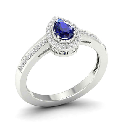 Blue Pear-Shaped Sapphire and 1/8 ct. tw. Diamond Halo Ring with Milgrain and Filigree Design in 10K White Gold front view