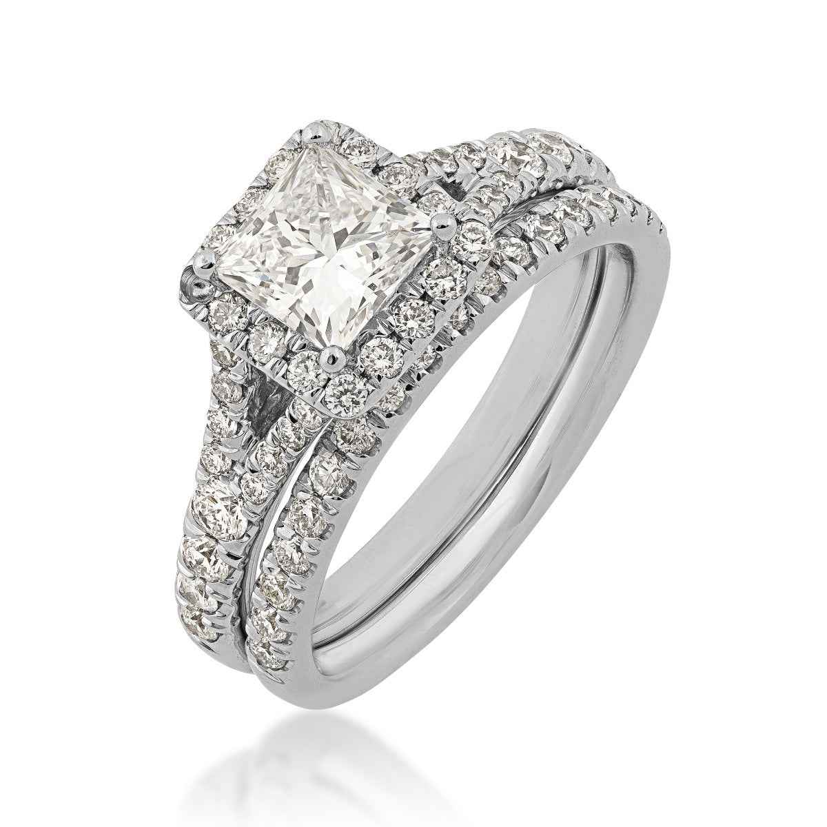 Adamante 1-3/4 ct. tw. Lab-Grown Princess Cut Diamond Halo Split Shank Wedding Set in 14K White Gold front view