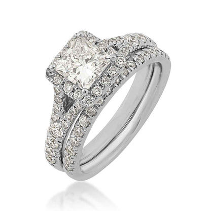 Adamante 1-3/4 ct. tw. Lab-Grown Princess Cut Diamond Halo Split Shank Wedding Set in 14K White Gold front view