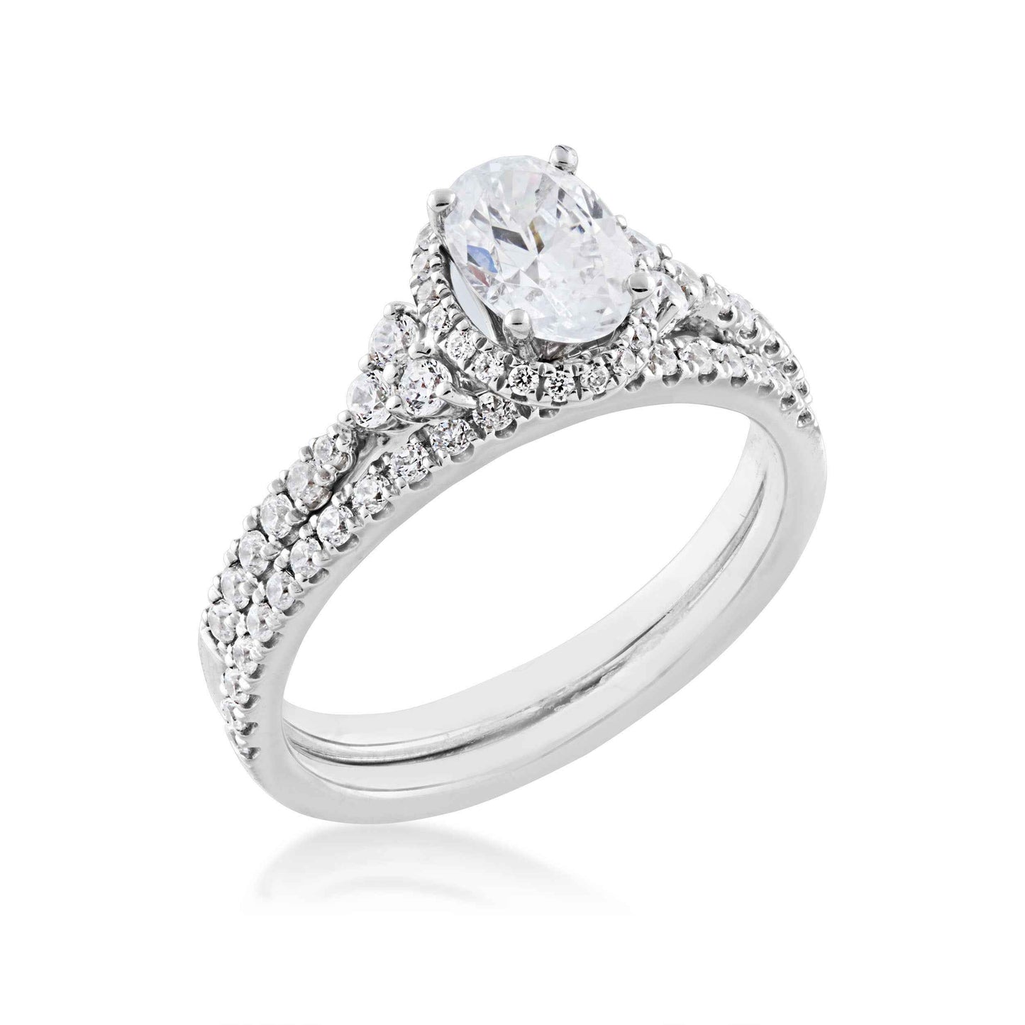 Noventa 1 ct. tw. Oval Diamond Hidden Halo Wedding Set with Cluster Diamond Accented Band in 14K White Gold front view