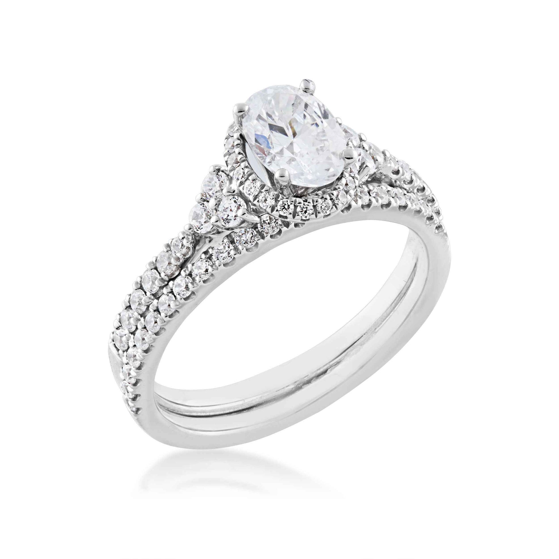 Noventa 1 ct. tw. Oval Diamond Hidden Halo Wedding Set with Cluster Diamond Accented Band in 14K White Gold front view