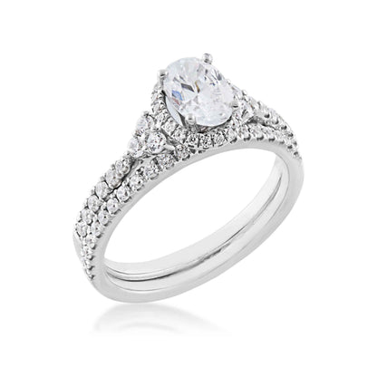 Noventa 1 ct. tw. Oval Diamond Hidden Halo Wedding Set with Cluster Diamond Accented Band in 14K White Gold front view