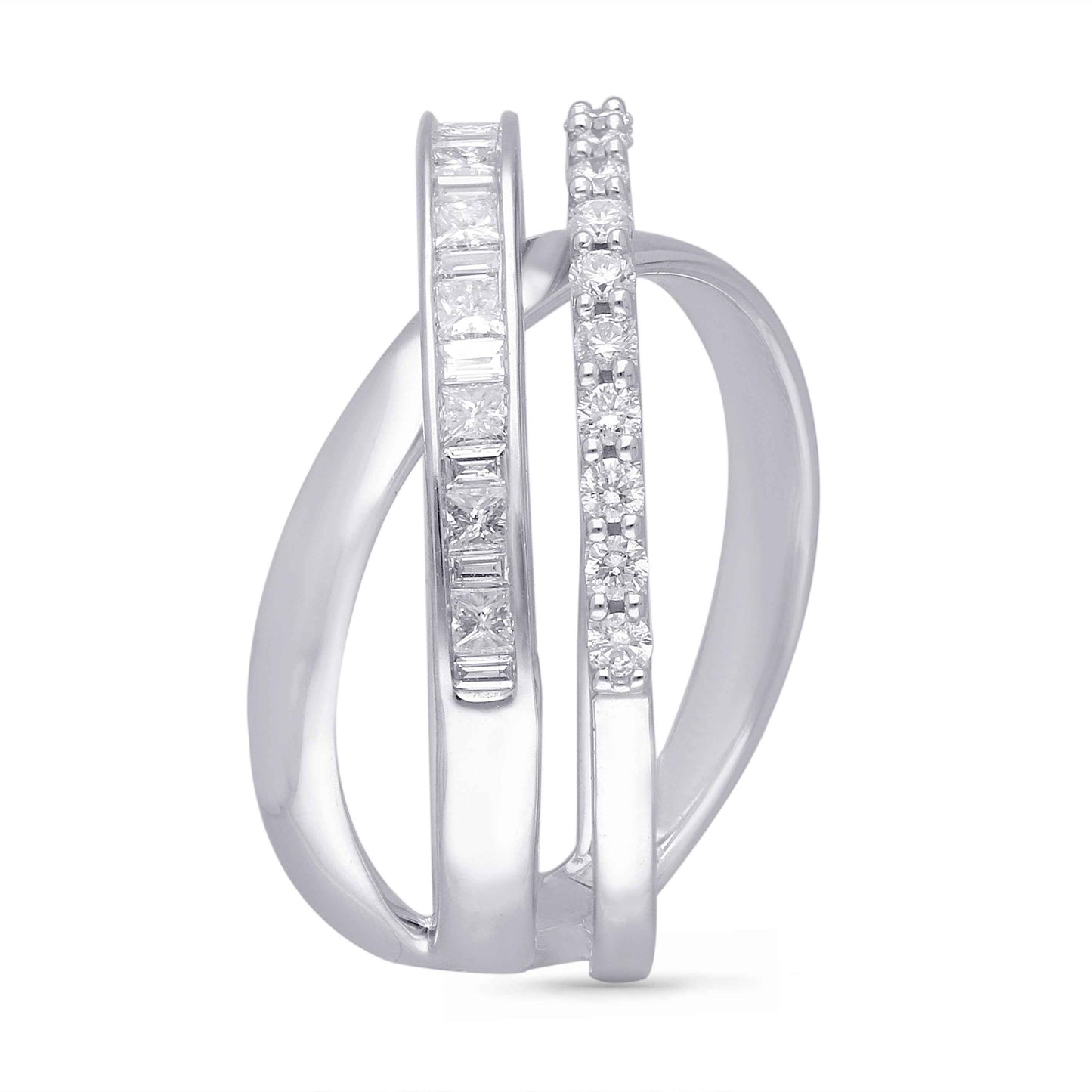 Kallati 1 ct. tw. Princess Cut, Baguette & Round Diamond Crossover Ring in 14K White Gold front view