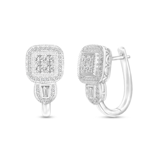 7/8 ct. tw. Round and Tapered Baguette Diamond Fashion Earrings with Filigree and Milgrain Design in 10K White Gold