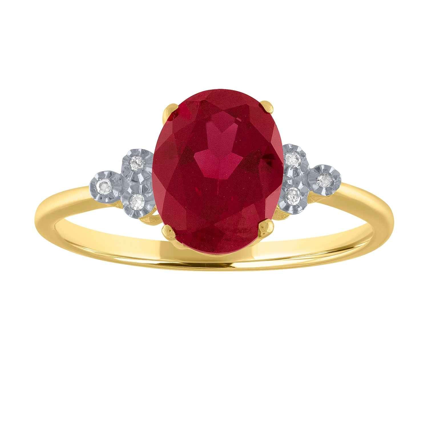 Created Oval Ruby and .018 Miracle Plated Diamond Ring in 10K Yellow Gold