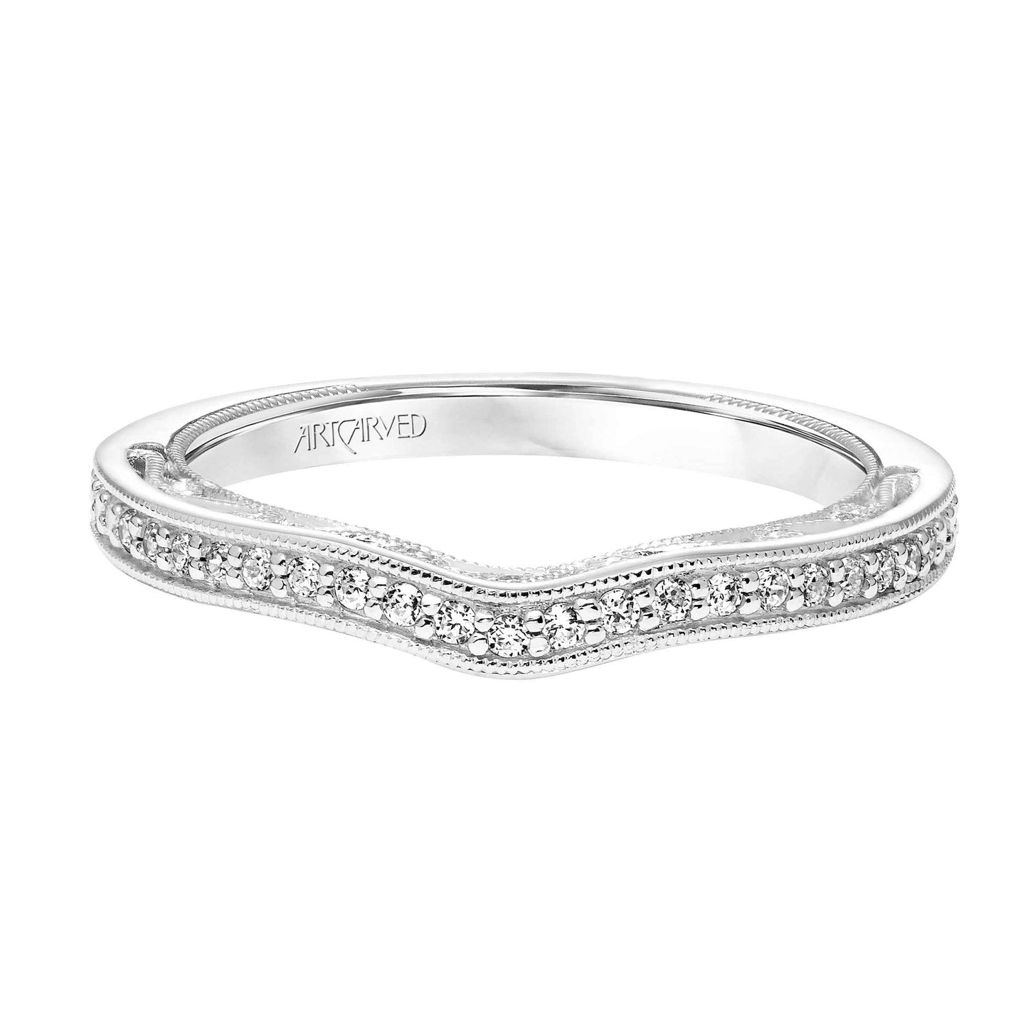 ArtCarved Vintage 1/4 ct. tw. Diamond Wedding Band with Milgrain Border and Side Band Design in 14K White Gold