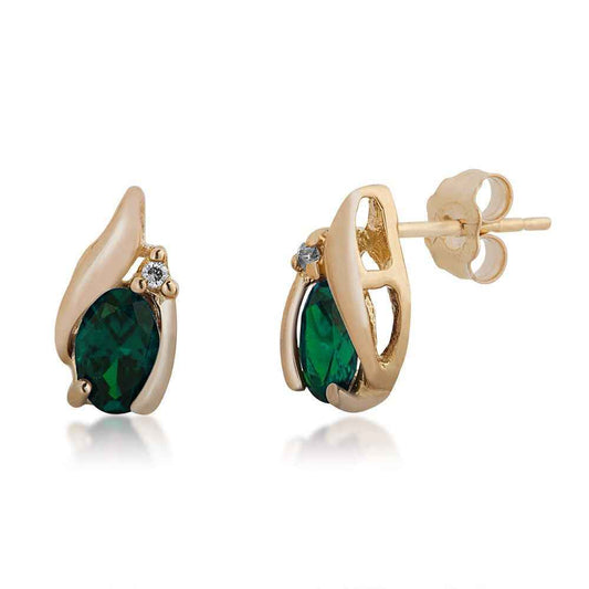 Created Oval Emerald and Diamond Earrings In 10K Yellow Gold