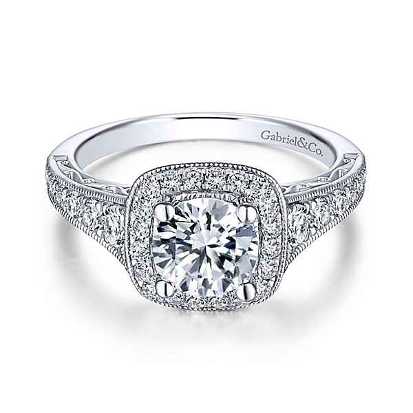 Gabriel & Co. .60 ct. Semi-Mount Halo Vintage-Style Engagement Ring with Tapered Band Design and Milgrain Edging in 14K White