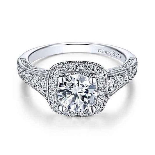 Gabriel & Co. .60 ct. Semi-Mount Halo Vintage-Style Engagement Ring with Tapered Band Design and Milgrain Edging in 14K White