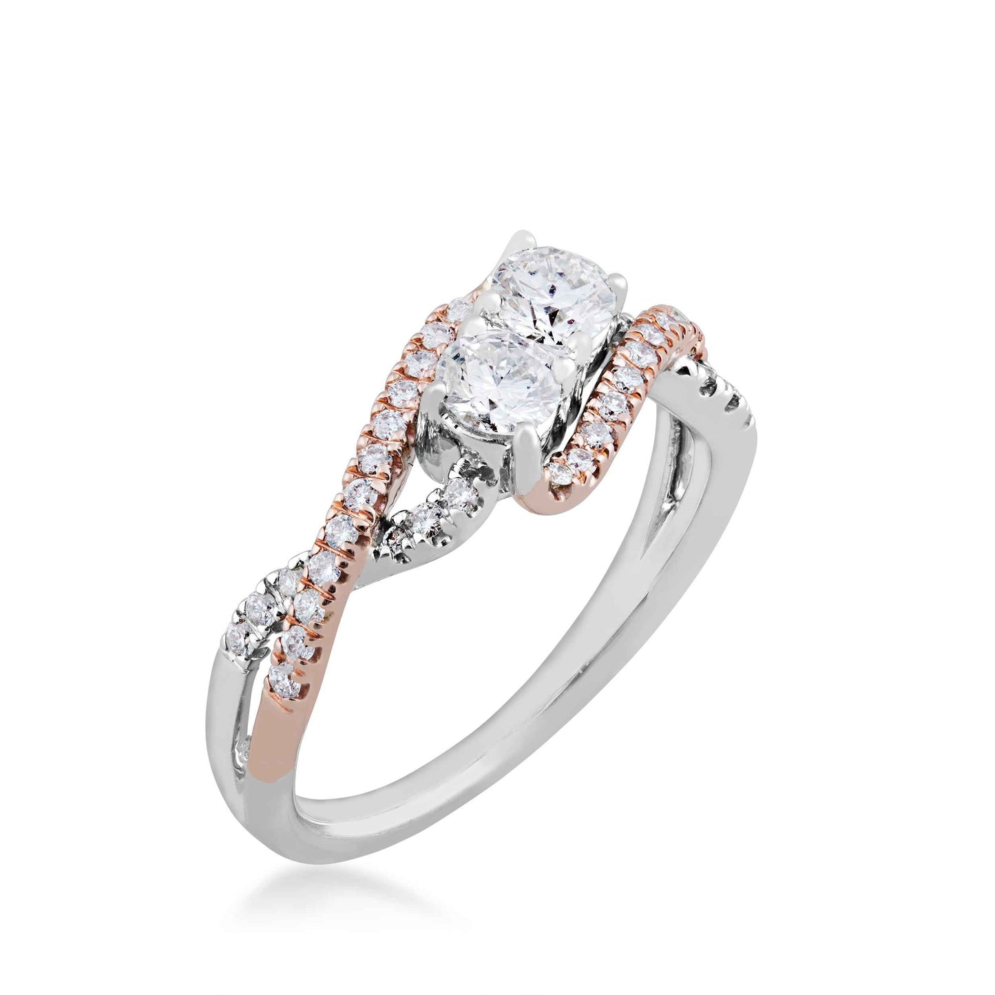 2BeLoved 3/4 ct. tw. Round Brilliant Diamond 2-Stone Anniversary Ring with CrissCross Diamond Band in 10K Pink and front view