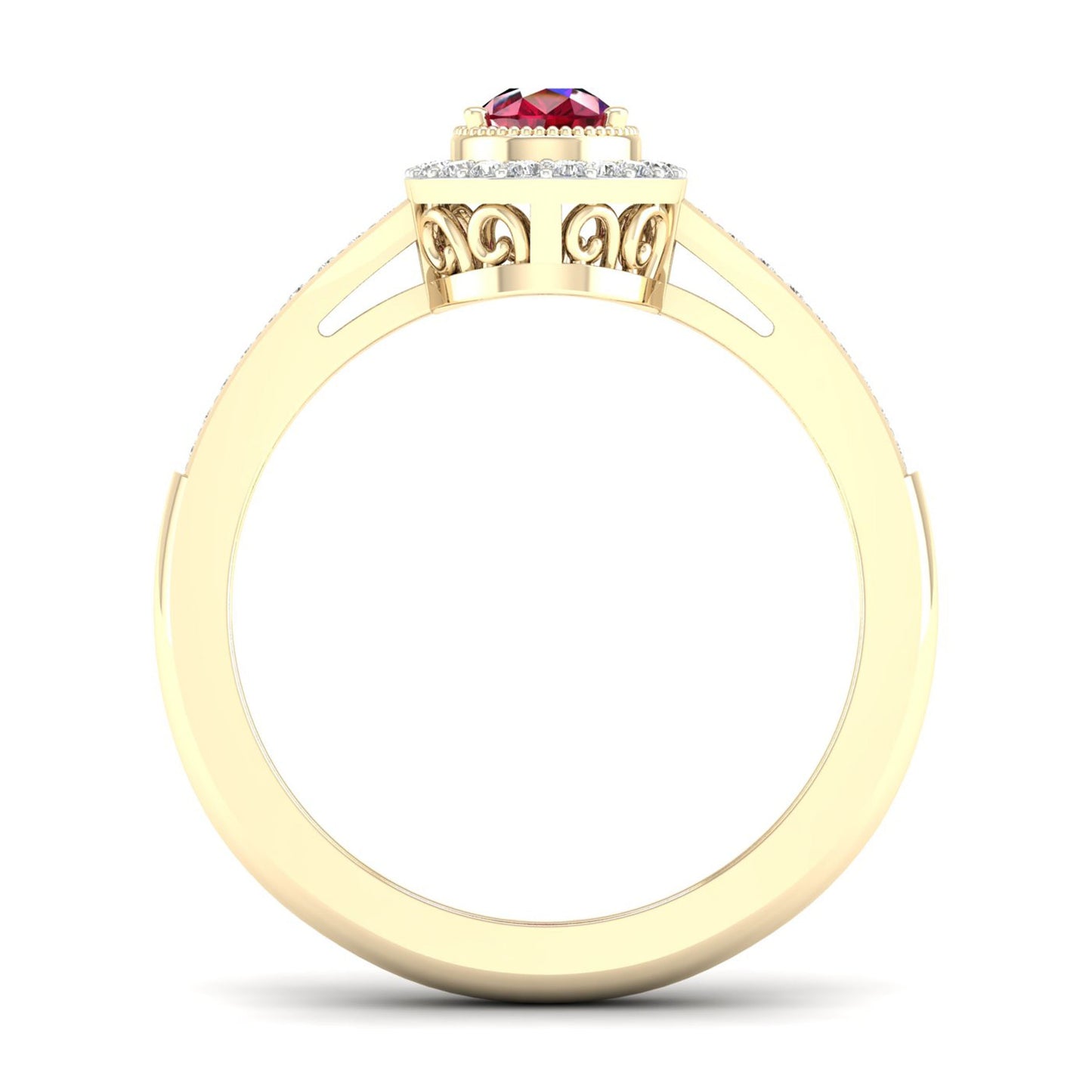 Red Pear-Shaped Ruby and 1/8 ct. tw. Diamond Halo Ring with Milgrain and Filigree Design in 10K Yellow Gold close-up detail