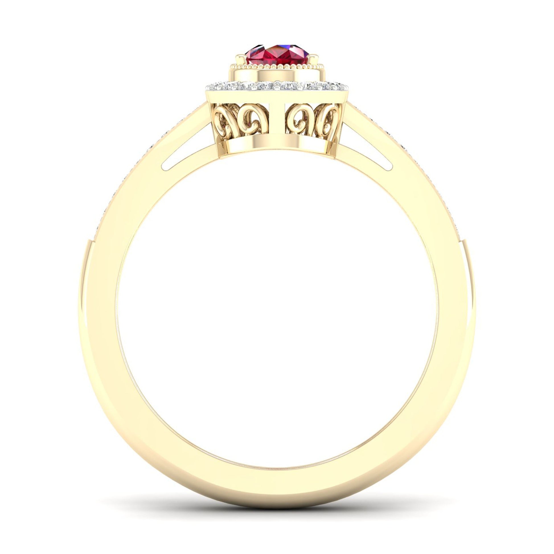 Red Pear-Shaped Ruby and 1/8 ct. tw. Diamond Halo Ring with Milgrain and Filigree Design in 10K Yellow Gold close-up detail
