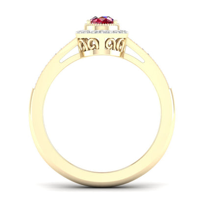 Red Pear-Shaped Ruby and 1/8 ct. tw. Diamond Halo Ring with Milgrain and Filigree Design in 10K Yellow Gold close-up detail