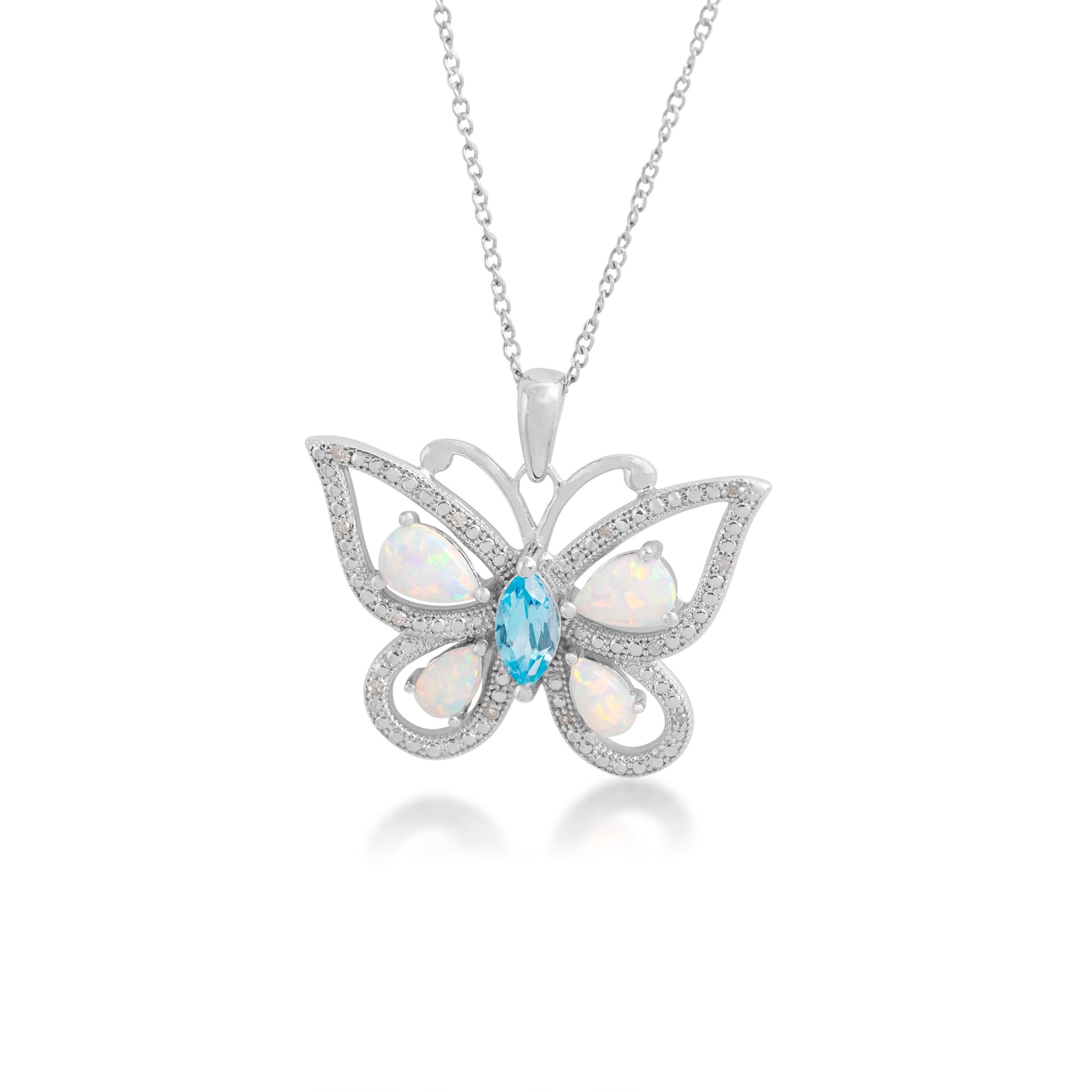 Marquise-Shaped Blue Topaz and Created Pear-Shaped Opal Butterfly Pendant with .05 ct. tw. Diamond Accents in Sterling Silver