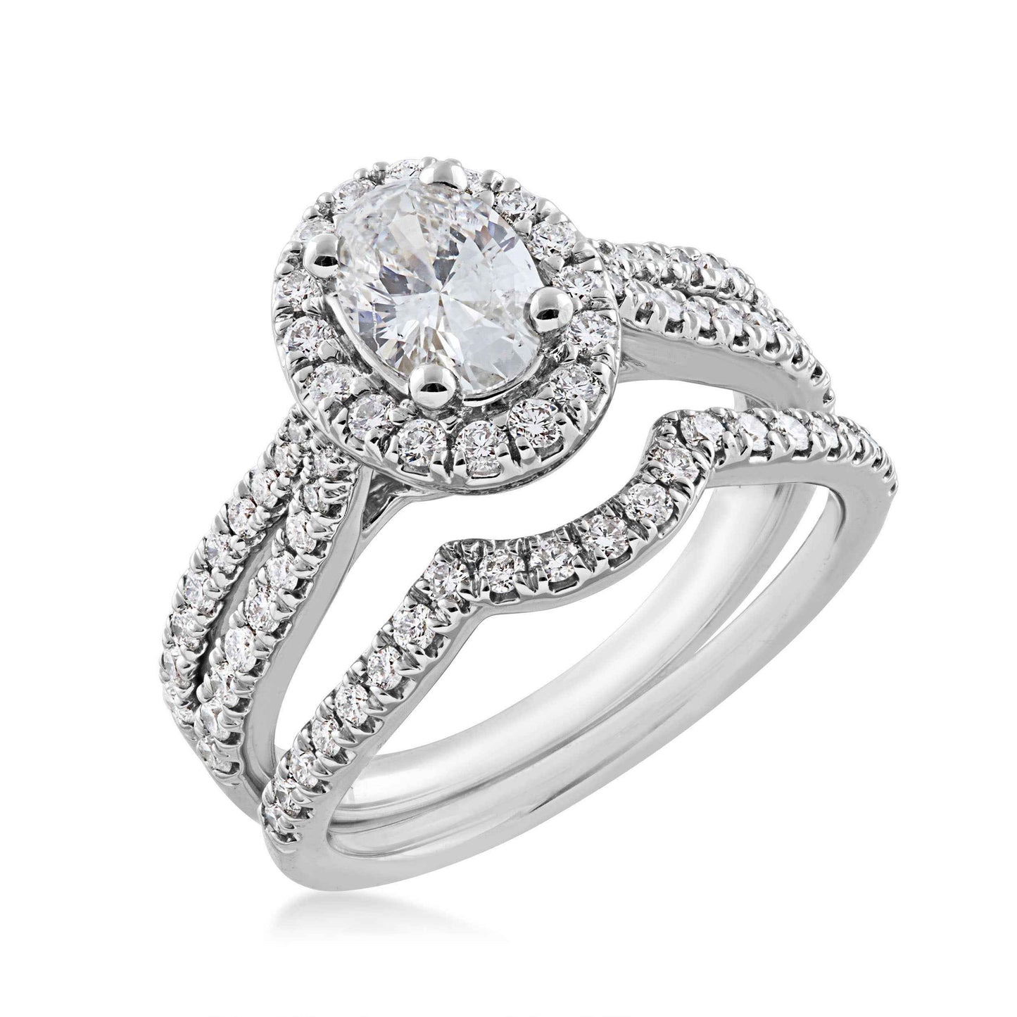 Noventa 1-1/2 ct. tw. Oval Diamond Halo Wedding Set with Cut-Out Accented Band in 14K White Gold close-up detail
