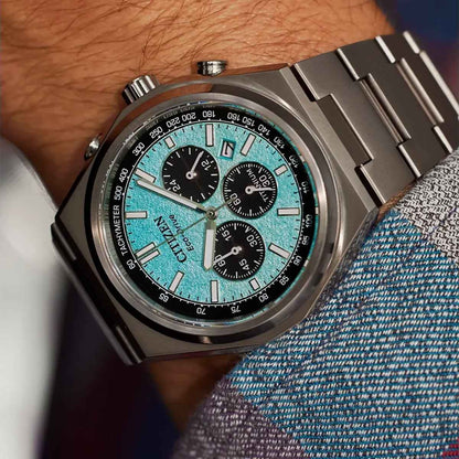 Citizen Men's Zenshin Chrono Eco-Drive Stainless Steel Watch with Blue Dial close-up detail