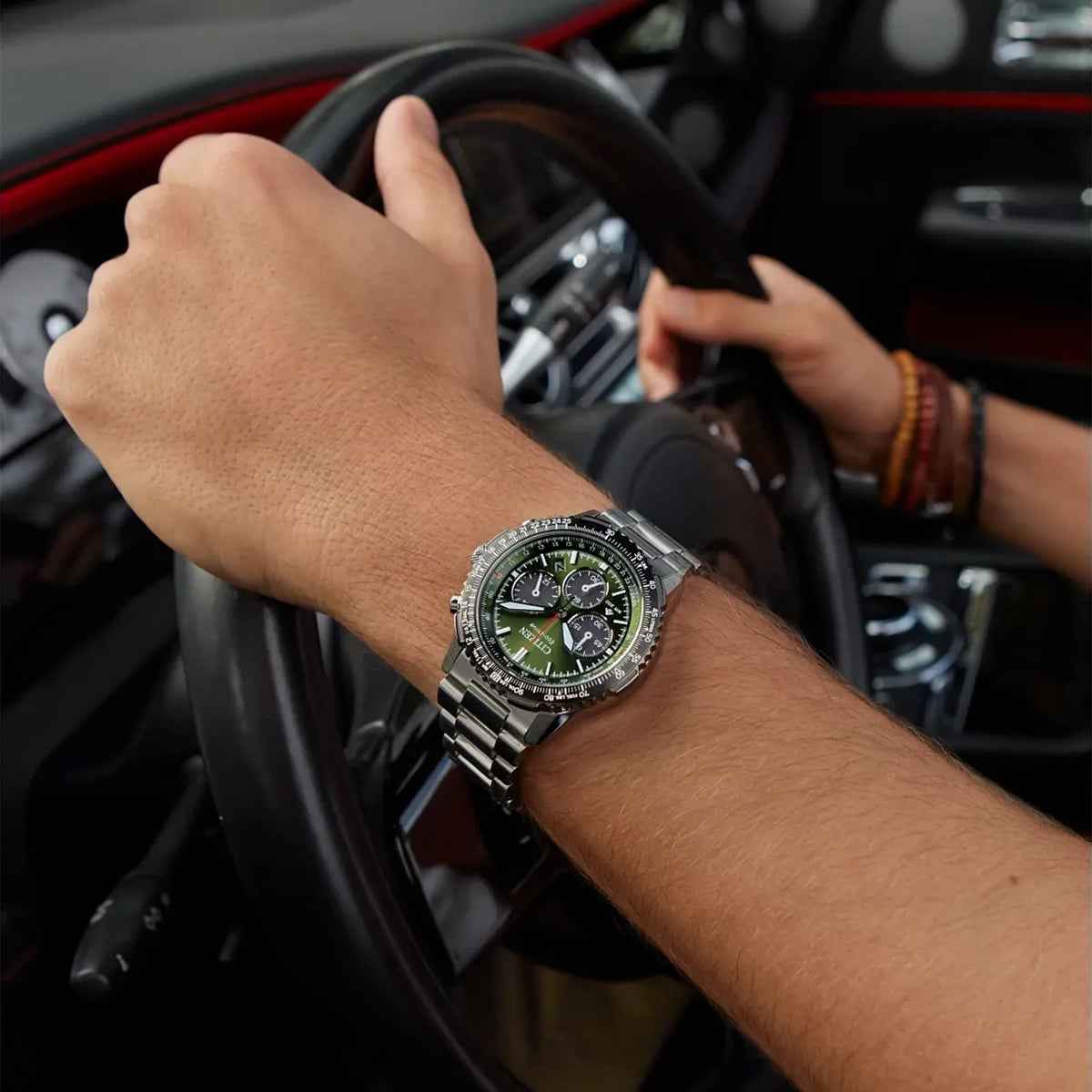 Citizen Men's Promaster Navihawk Stainless Steel Watch with Green Dial close-up detail