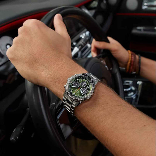 Citizen Men's Promaster Navihawk Stainless Steel Watch with Green Dial close-up detail