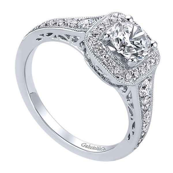 Gabriel & Co. 1/2 ct. tw. Semi-Mount Halo Vintage-Style Engagement Ring with Side Filigree Detailing and close-up detail