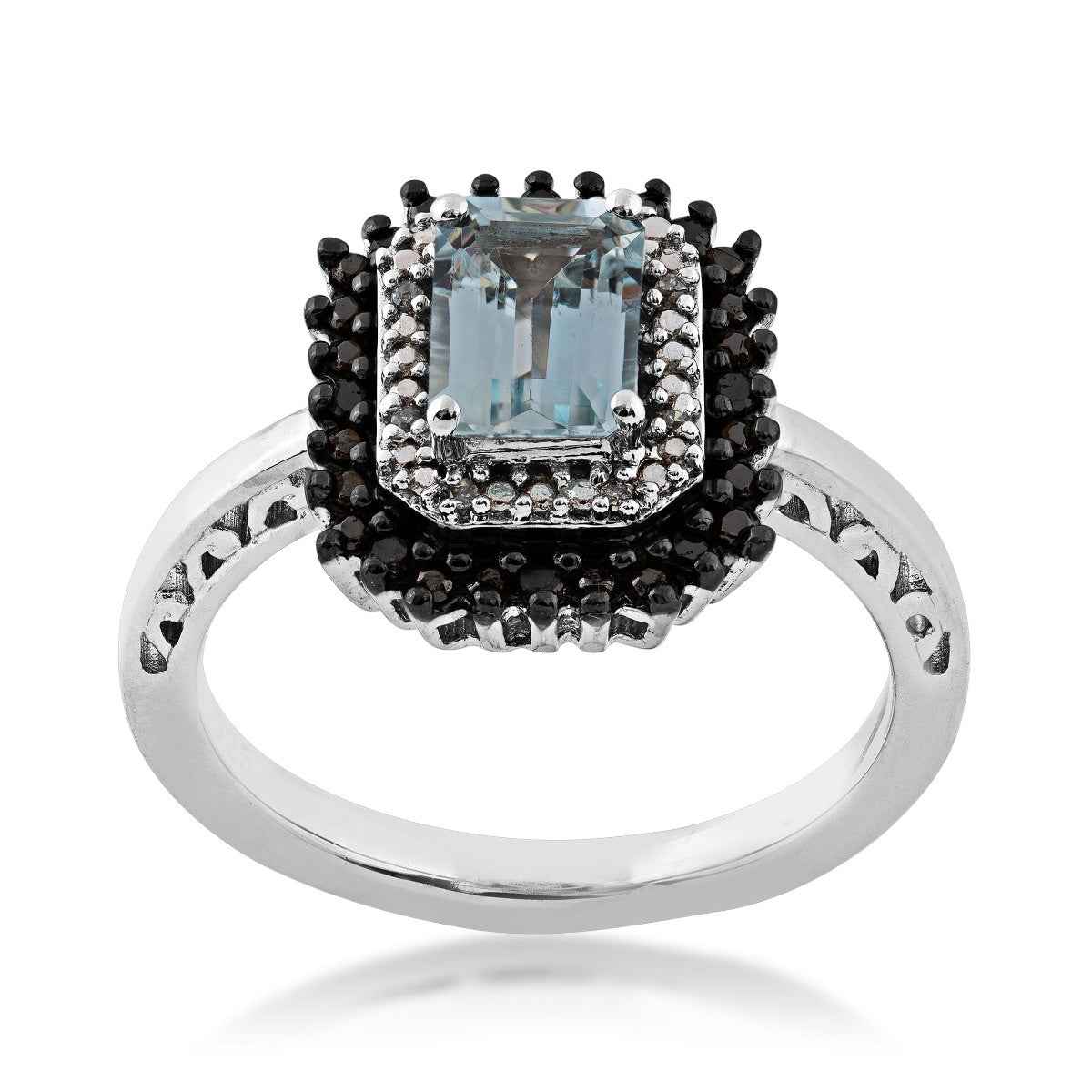 Created Emerald Cut Aquamarine and Treated Black Diamond Halo Ring In Sterling Silver