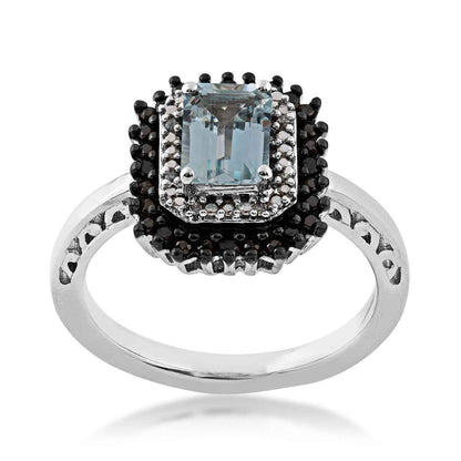 Created Emerald Cut Aquamarine and Treated Black Diamond Halo Ring In Sterling Silver