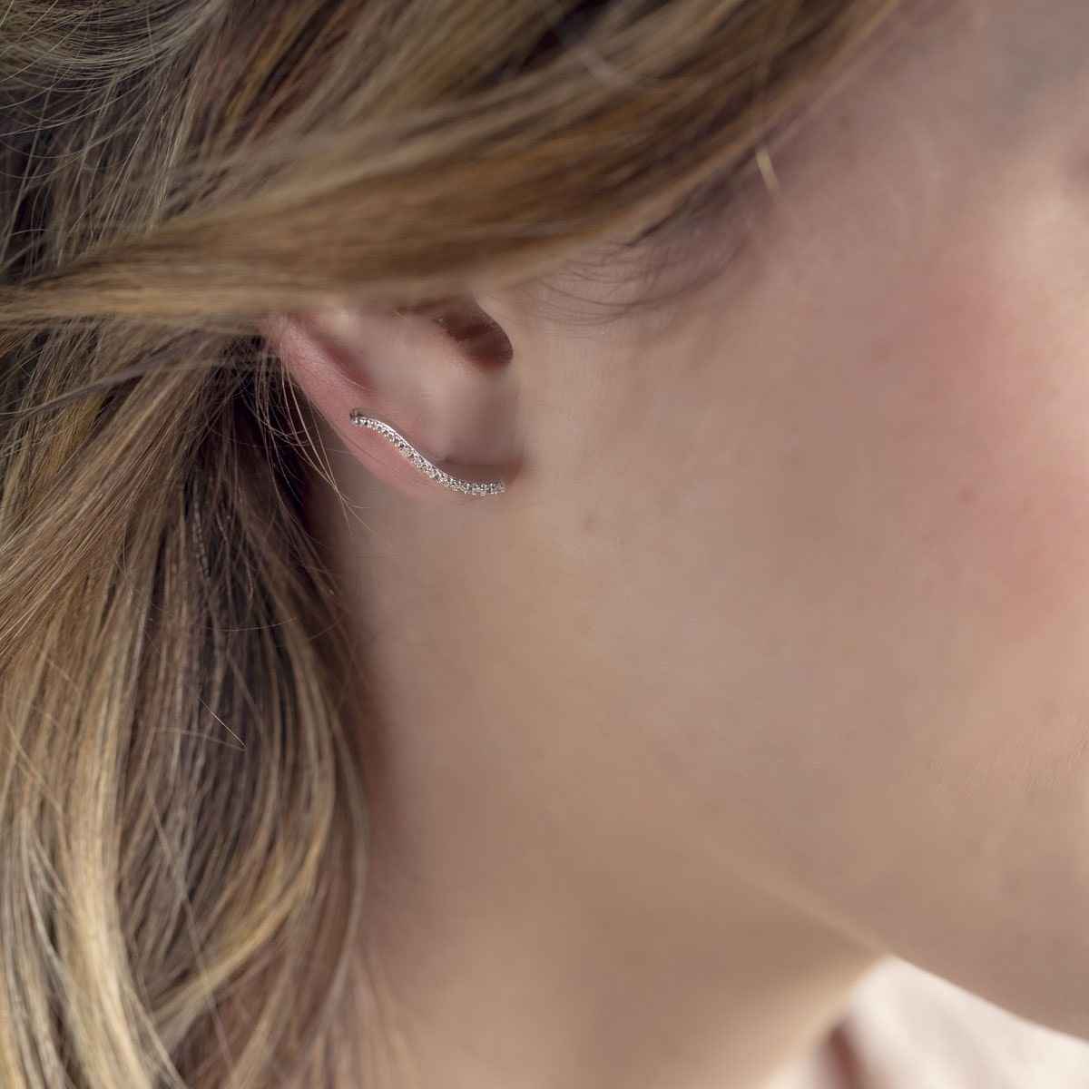 Round Diamond Accent Curved Earring Climbers in Sterling Silver front view