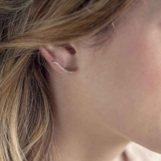 Round Diamond Accent Curved Earring Climbers in Sterling Silver front view
