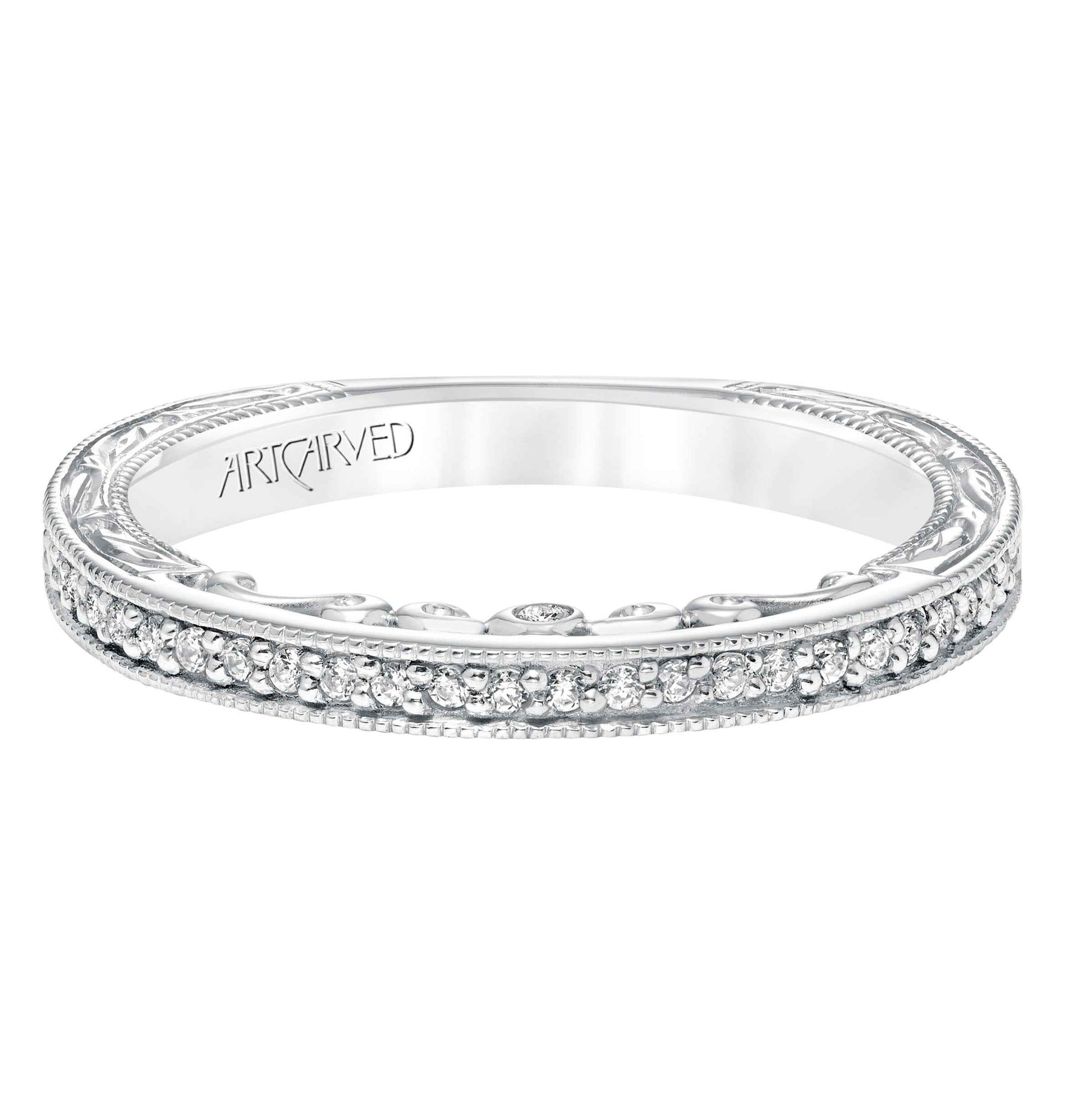 ArtCarved Vintage 1/7 ct. tw. Diamond Milgrain Wedding Band in 14K White Gold front view