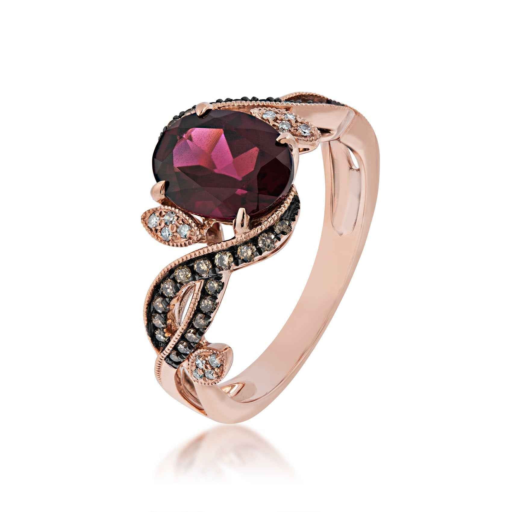 Impulse Collection Genuine Oval Rhodolite Garnet & 1/4 ct. tw. Mocha Diamond Ring with Black Rhodium Plated Band front view