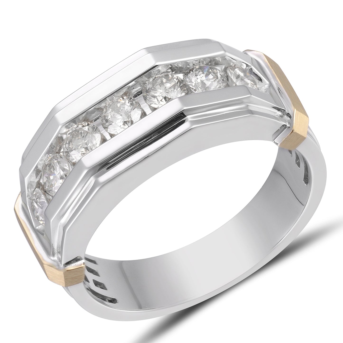 1 ct. tw. Men's Round Brilliant Channel-Set Diamond Hexagon Inspired Wedding Band in 10K White & Yellow Gold side profile