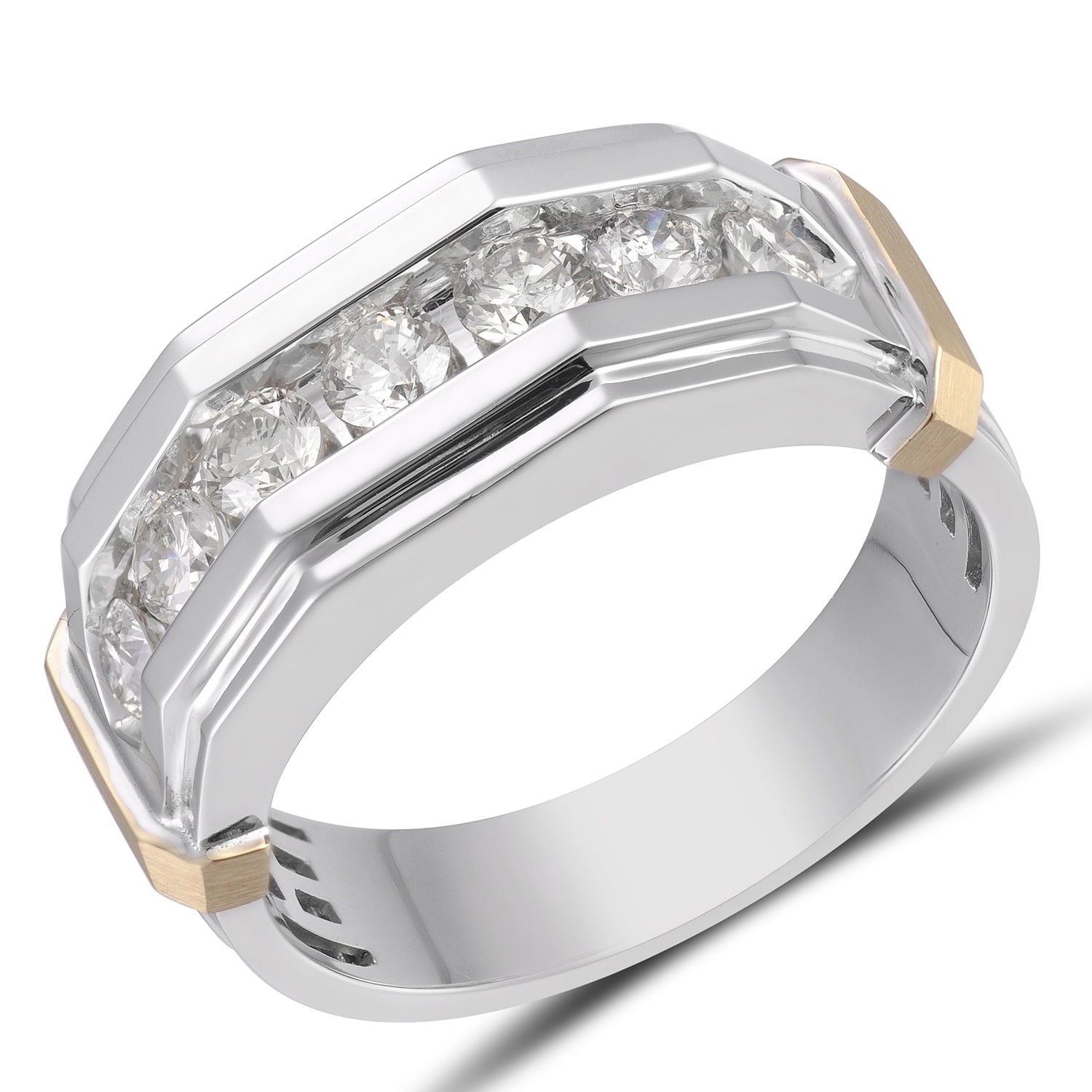 1 ct. tw. Men's Round Brilliant Channel-Set Diamond Hexagon Inspired Wedding Band in 10K White & Yellow Gold side profile
