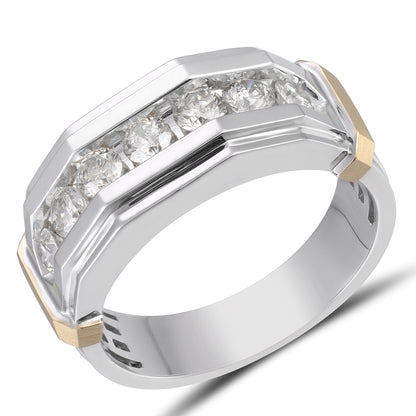 1 ct. tw. Men's Round Brilliant Channel-Set Diamond Hexagon Inspired Wedding Band in 10K White & Yellow Gold side profile