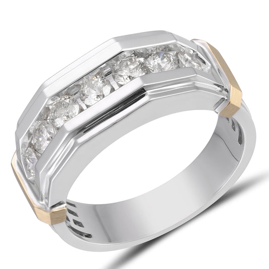 1 ct. tw. Men's Round Brilliant Channel-Set Diamond Hexagon Inspired Wedding Band in 10K White & Yellow Gold side profile