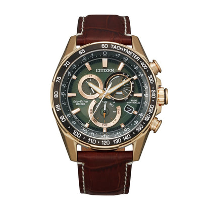 Citizen Men's PCAT Gold-Tone Stainless Steel Watch with Green Dial & Brown Leather Strap