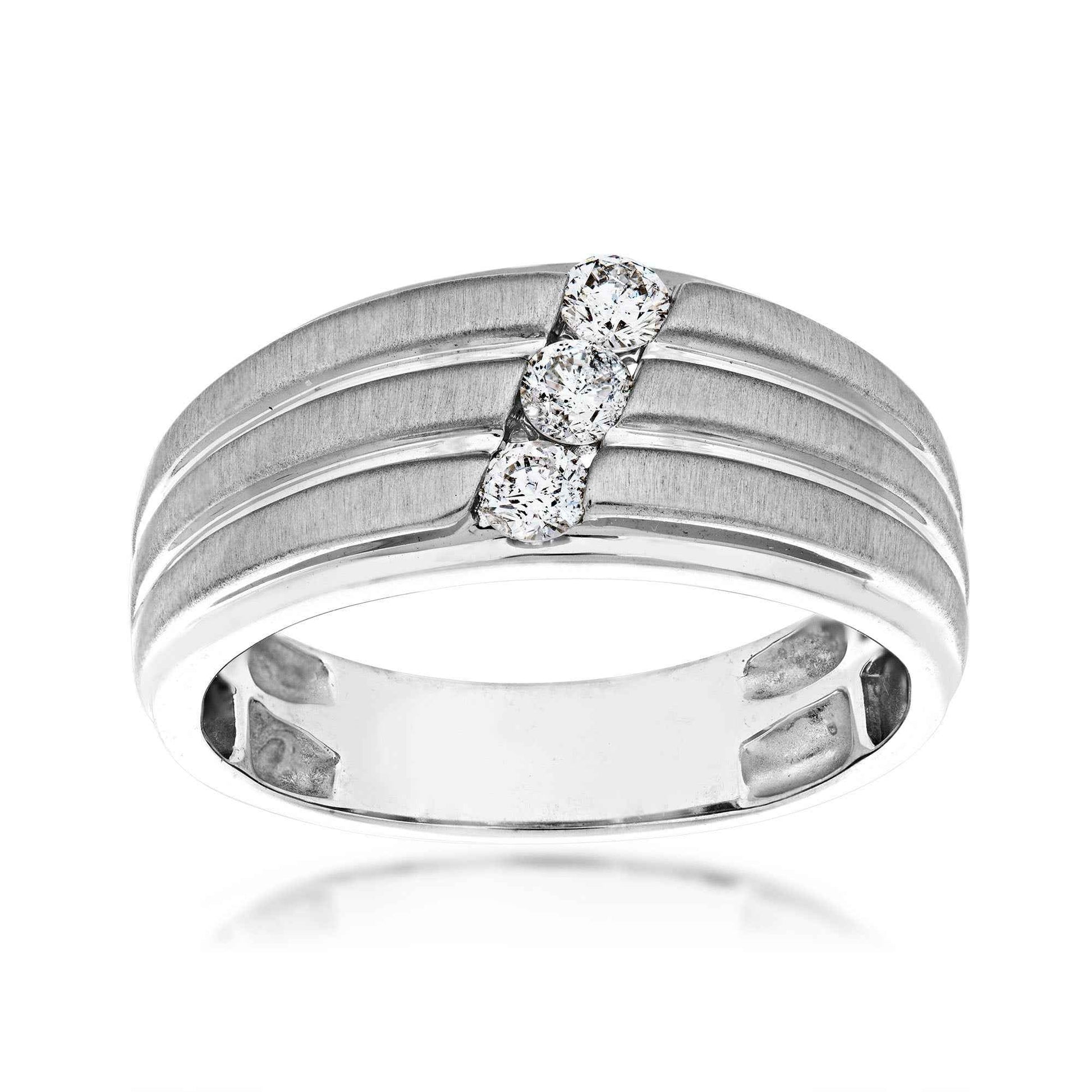 Men's 1/3 ct. tw. Round Stacked 3-Stone Diamond Wedding Band with Brushed & Polished Accents in 10K White Gold