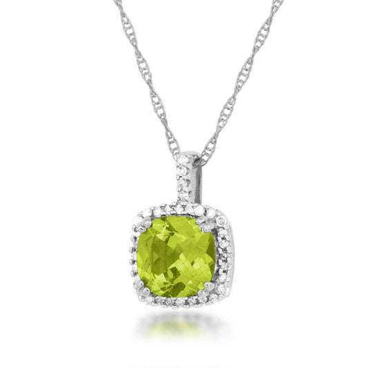 Cushion Peridot and Diamond Halo Pendant in 10K White Gold