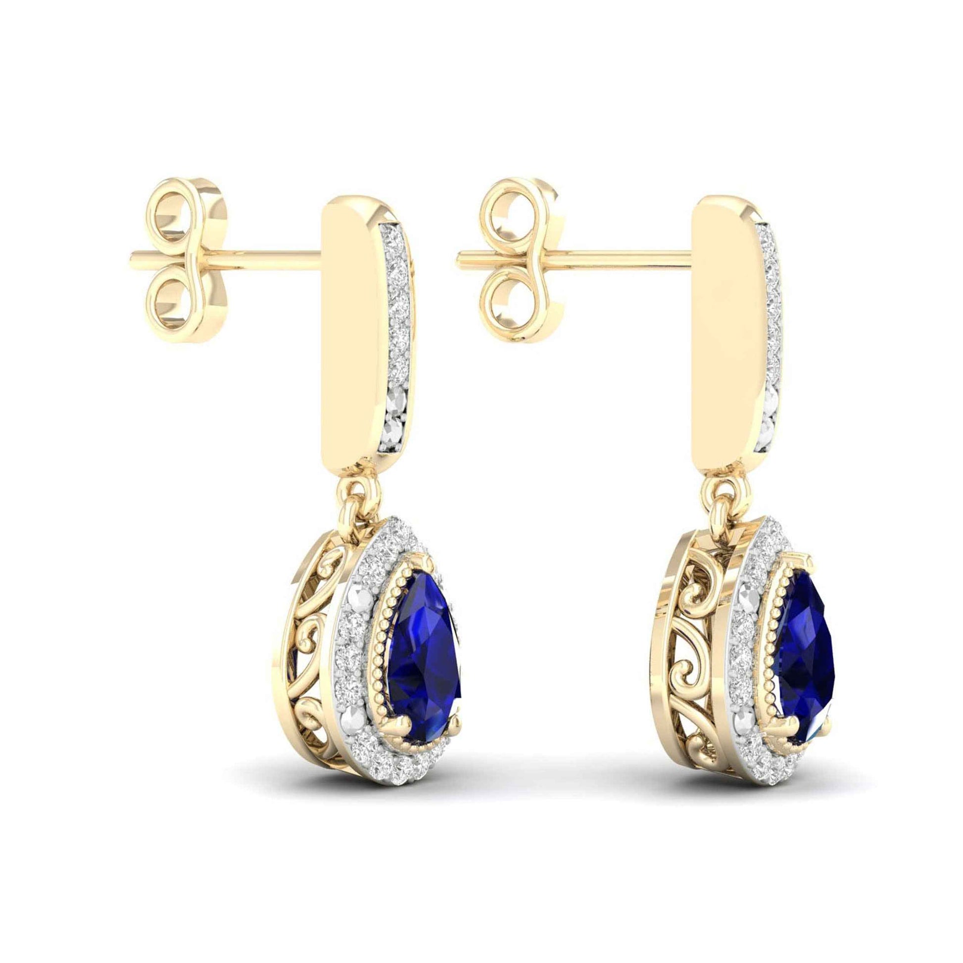 Blue Pear-Shaped Sapphire and 1/10 ct. tw. Diamond Halo Earrings with Milgrain and Filigree Design in 10K Yellow front view