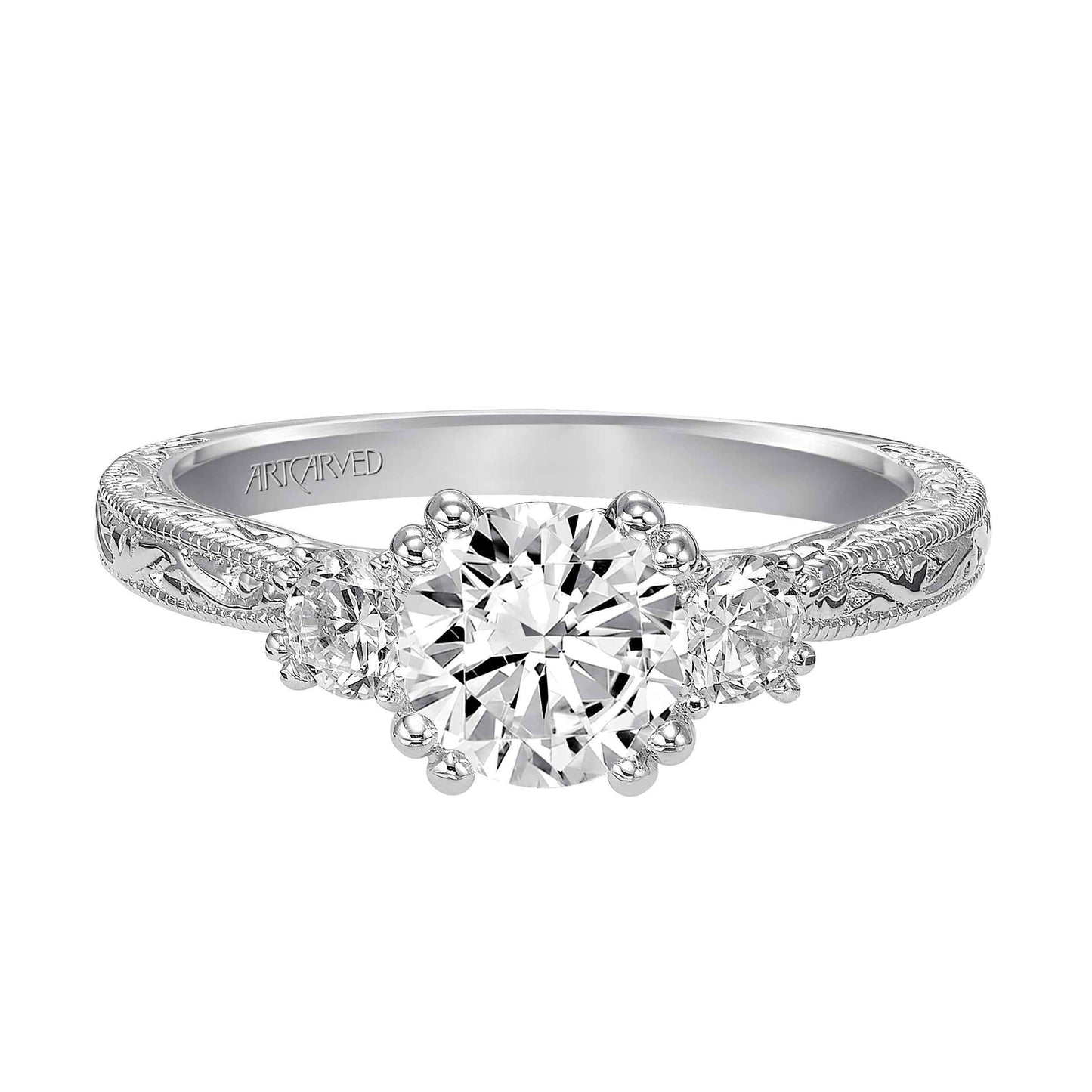 ArtCarved Vintage 1/3 ct. tw. Round Diamond Semi-Mount Engagement Ring with Milgrain and Filigree Detailing in 14K front view