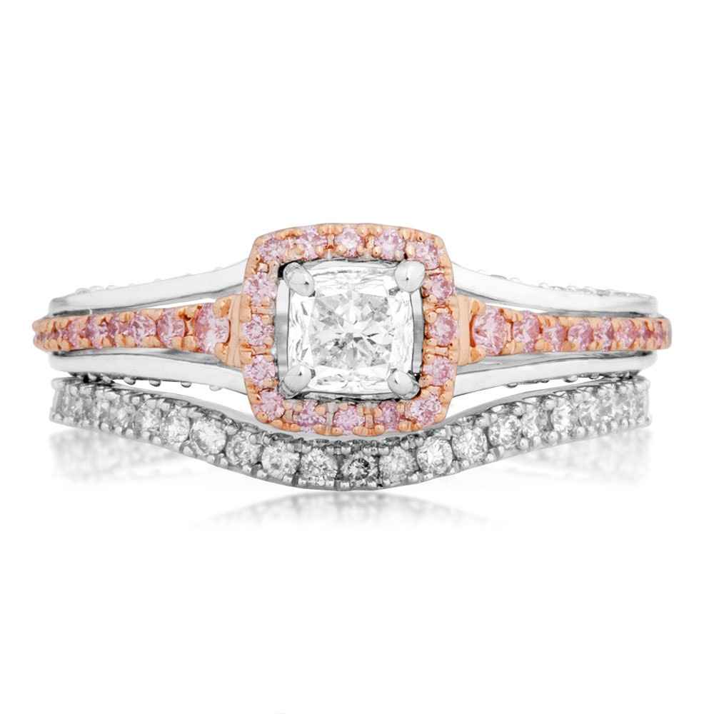 3/4 ct. tw. Cushion Cut Halo Diamond Wedding Set with Round Brilliant White & Pink Diamond Band in 14K Two-Tone Gold