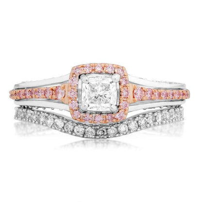 3/4 ct. tw. Cushion Cut Halo Diamond Wedding Set with Round Brilliant White & Pink Diamond Band in 14K Two-Tone Gold