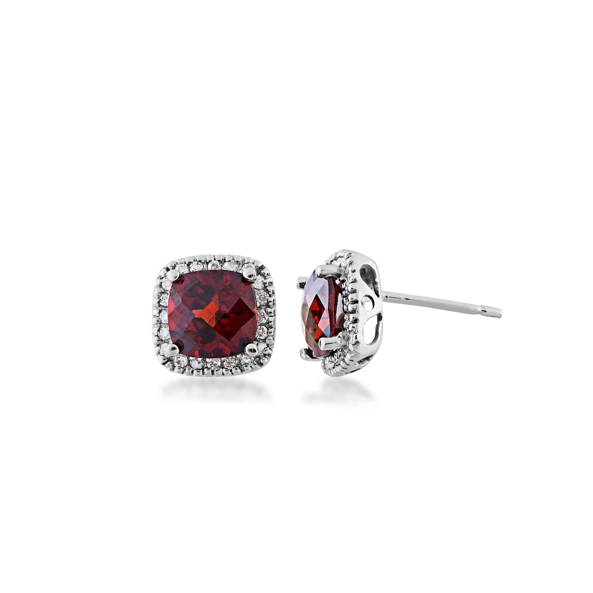 Garnet and 1/6 ct. tw. Diamond Cushion Halo Earrings in 10K White Gold