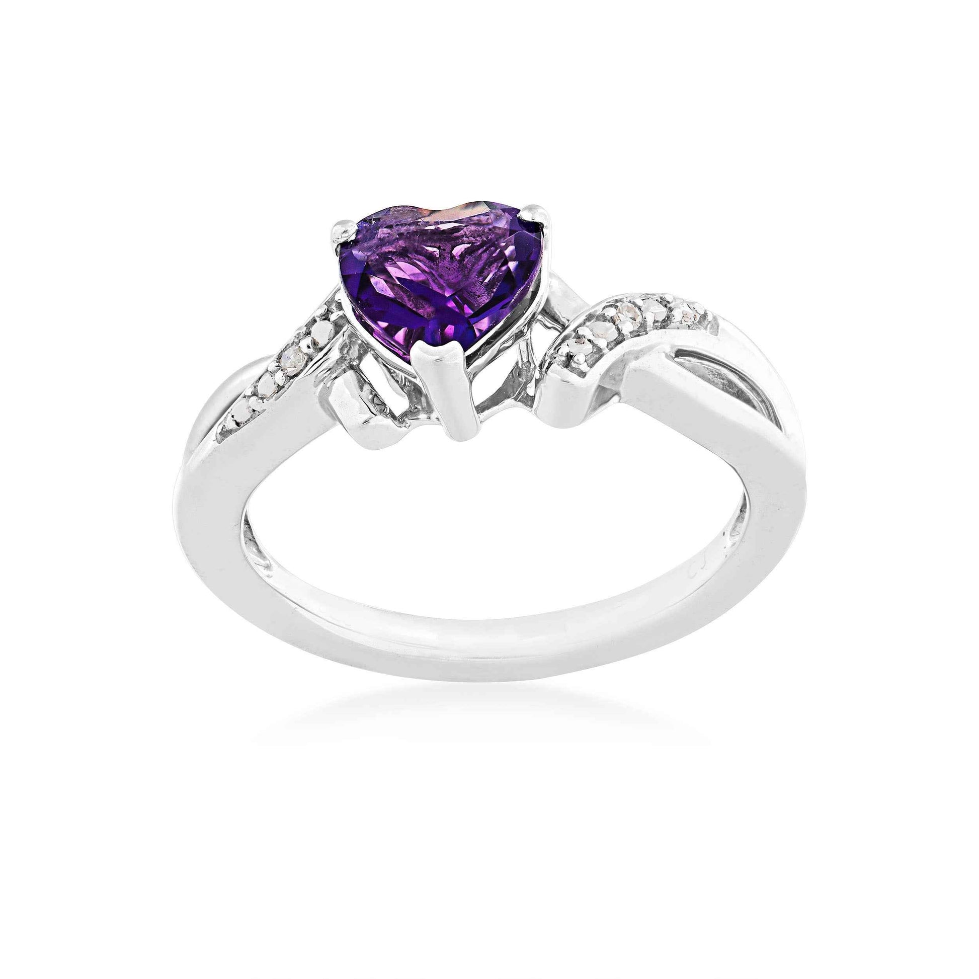 Genuine Heart-Shaped Amethyst Fashion Ring with .01 ct. tw. Diamond Accented Band in Sterling Silver