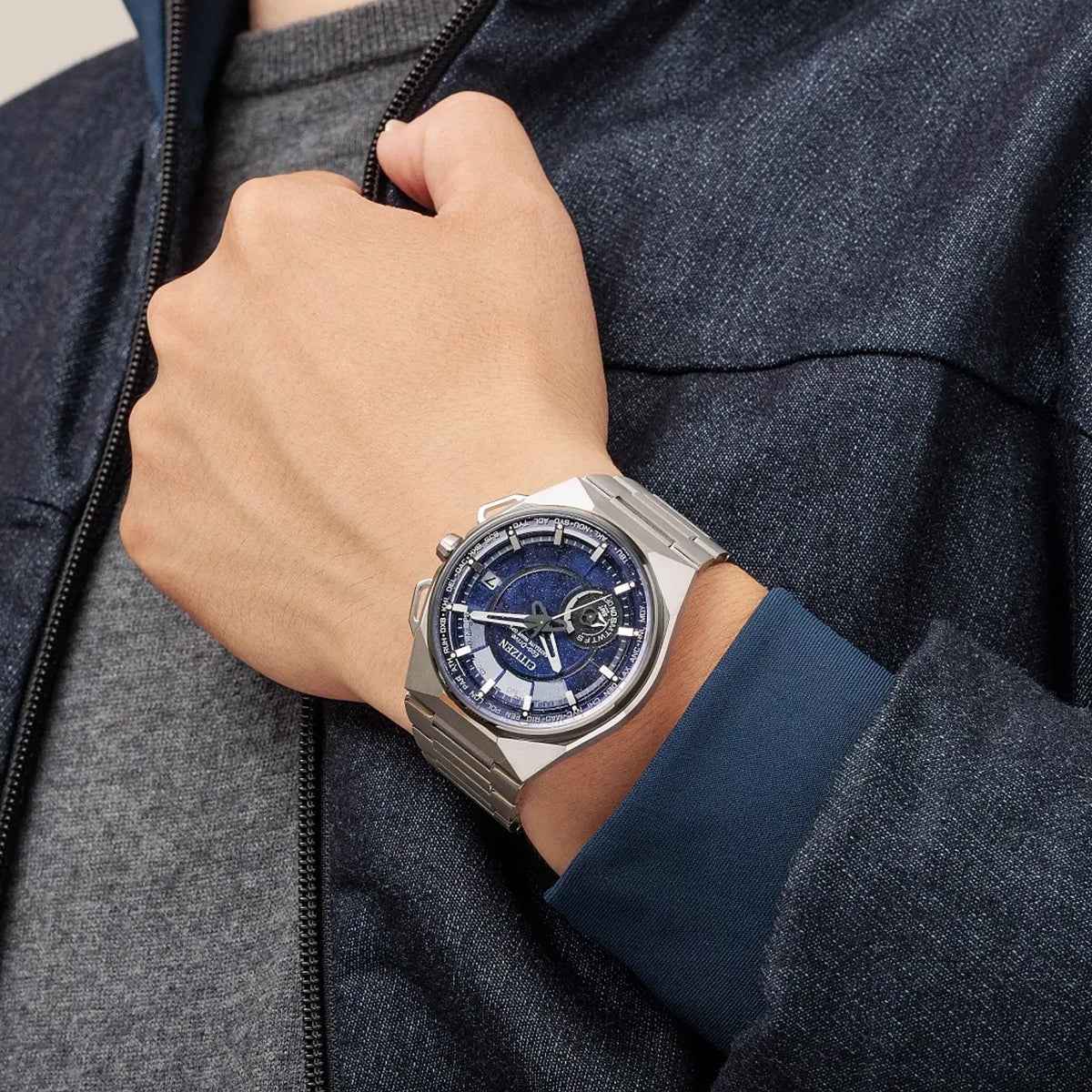 Citizen Men's Satellite Wave X Eco-Drive Titanium Watch with Blue Dial close-up detail